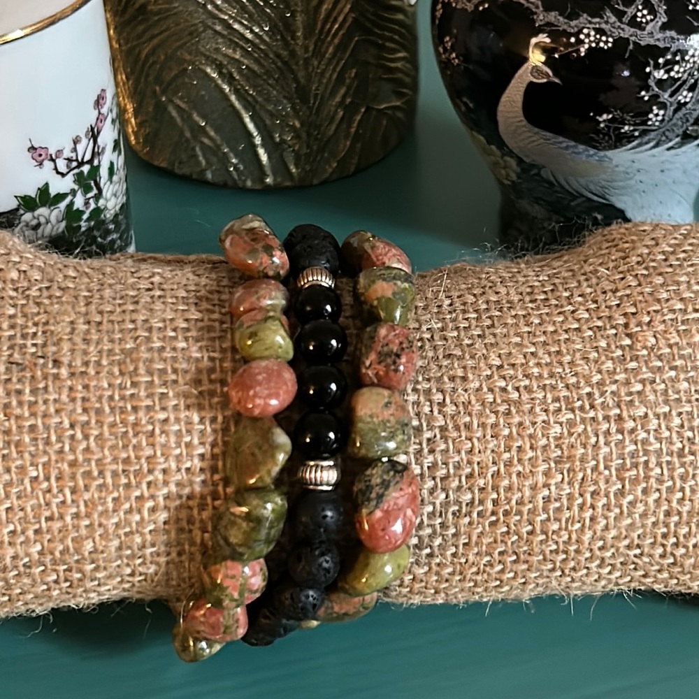 3 Piece Natural Tumbled Unakite and Lava Stone Bead Stretch Bracelet Set
